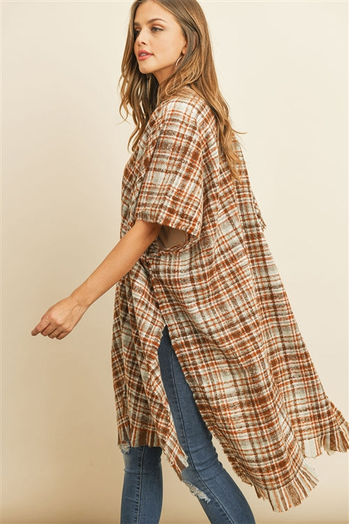 Knee Length Tartan Plaid Fringe Kimono
