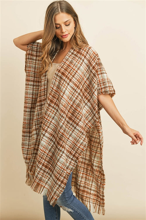 Knee Length Tartan Plaid Fringe Kimono