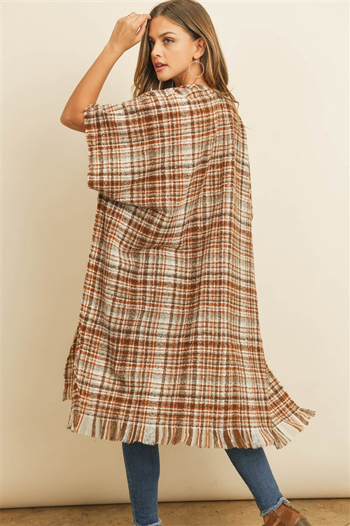 Knee Length Tartan Plaid Fringe Kimono