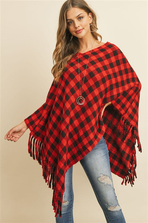 Buffalo Plaid Fringe Poncho