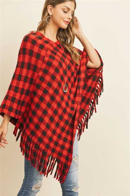 Buffalo Plaid Fringe Poncho