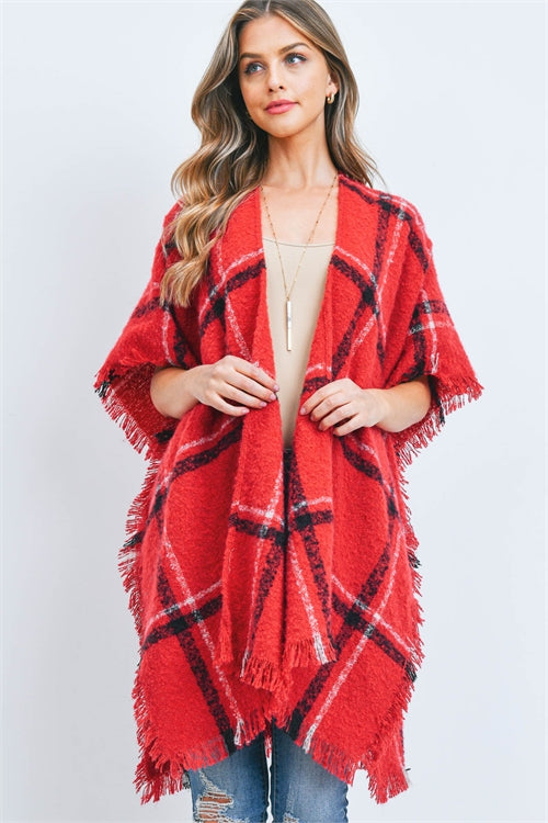 Plaid Open Front Fringe Kimono Red
