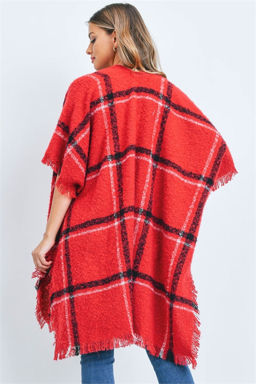 Plaid Open Front Fringe Kimono Red