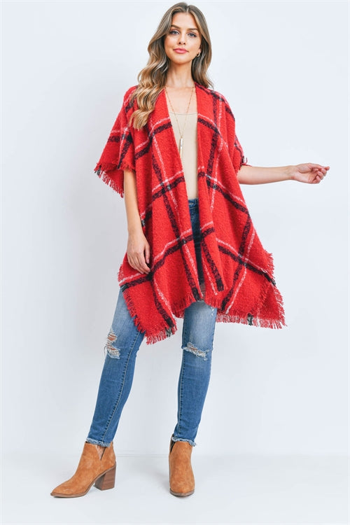 Plaid Open Front Fringe Kimono Red