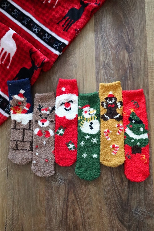 Christmas Fuzzy Socks Set 12 Pairs 6 Design 2 Pairs Each