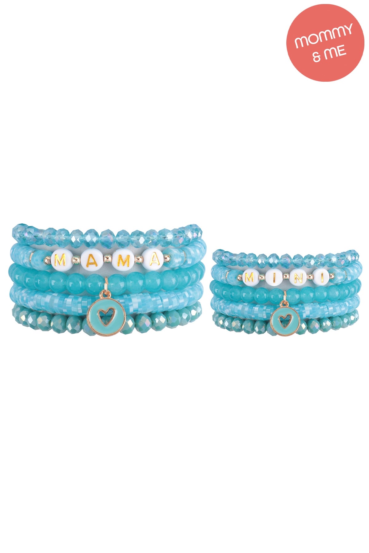 "Mama" & "Me" Fimo Glass Beads w/ Heart Pendant Stackable 5 Lines Bracelate Set