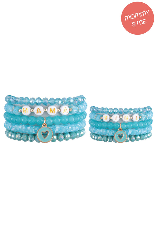 "Mama" & "Me" Fimo Glass Beads w/ Heart Pendant Stackable 5 Lines Bracelate Set