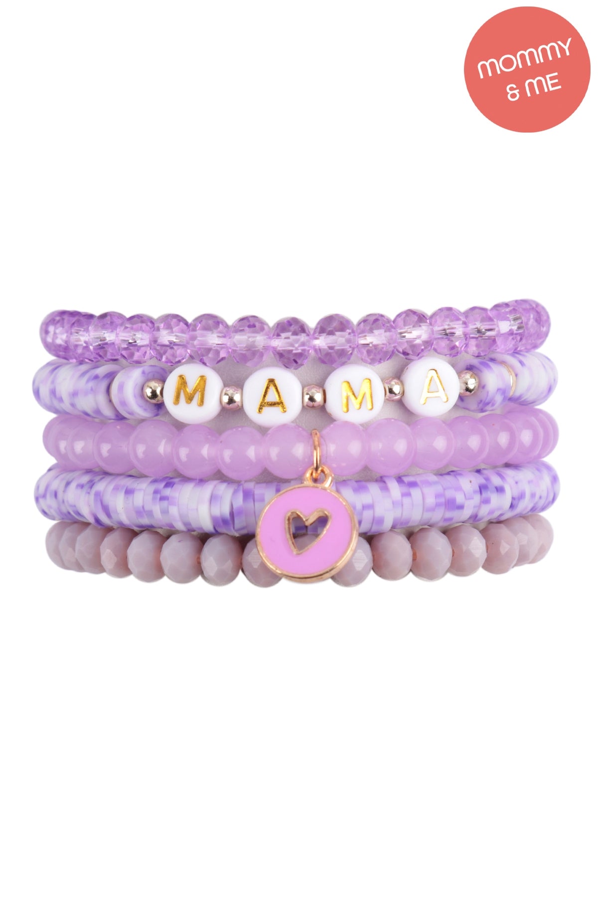 "Mama" & "Me" Fimo Glass Beads w/ Heart Pendant Stackable 5 Lines Bracelate Set