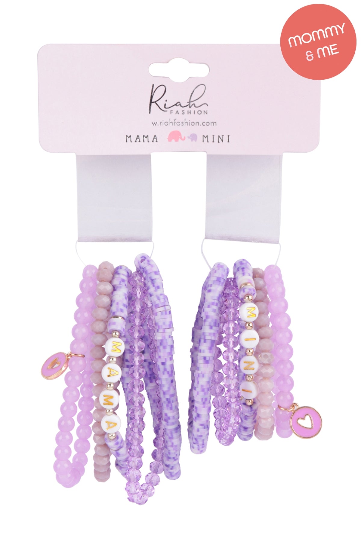 "Mama" & "Me" Fimo Glass Beads w/ Heart Pendant Stackable 5 Lines Bracelate Set