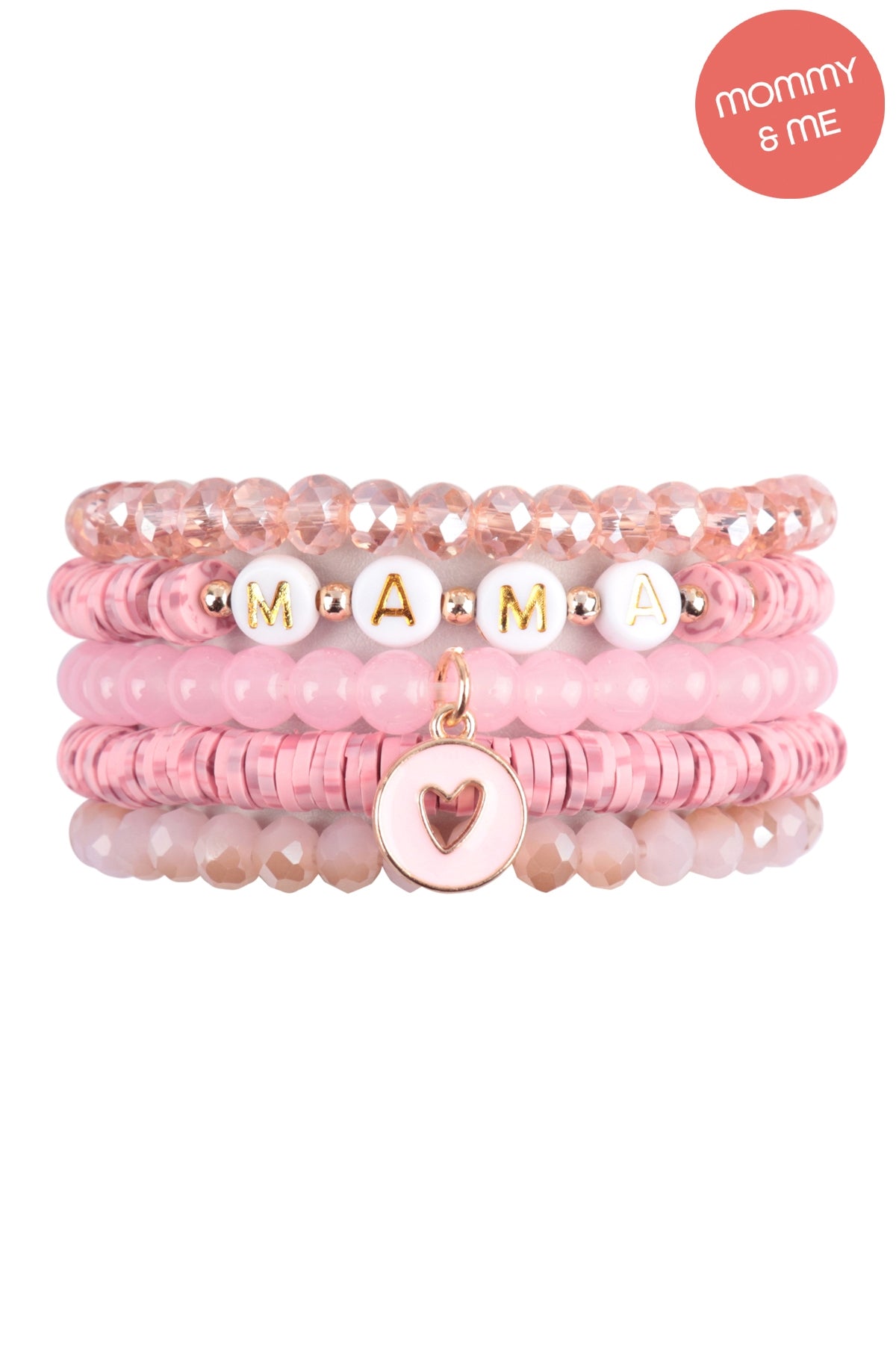 "Mama" & "Me" Fimo Glass Beads w/ Heart Pendant Stackable 5 Lines Bracelate Set