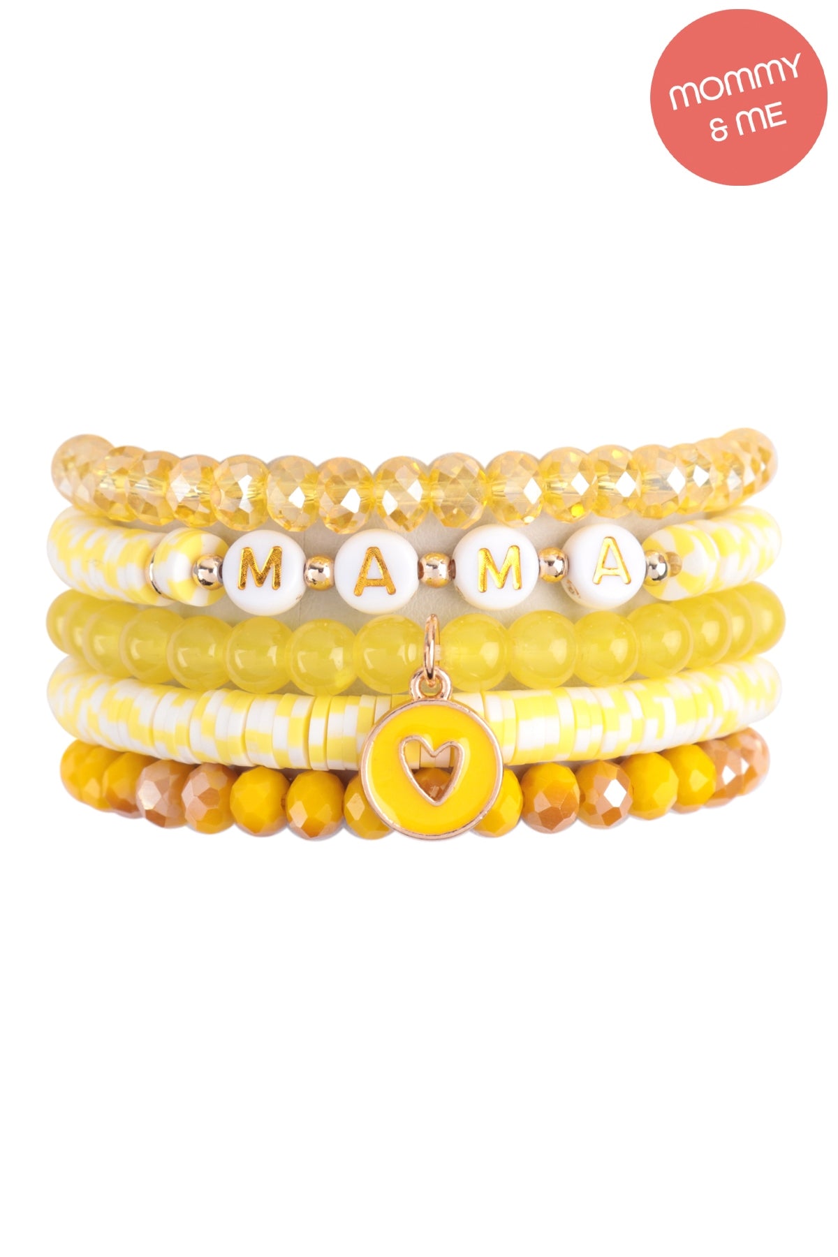 "Mama" & "Me" Fimo Glass Beads w/ Heart Pendant Stackable 5 Lines Bracelate Set