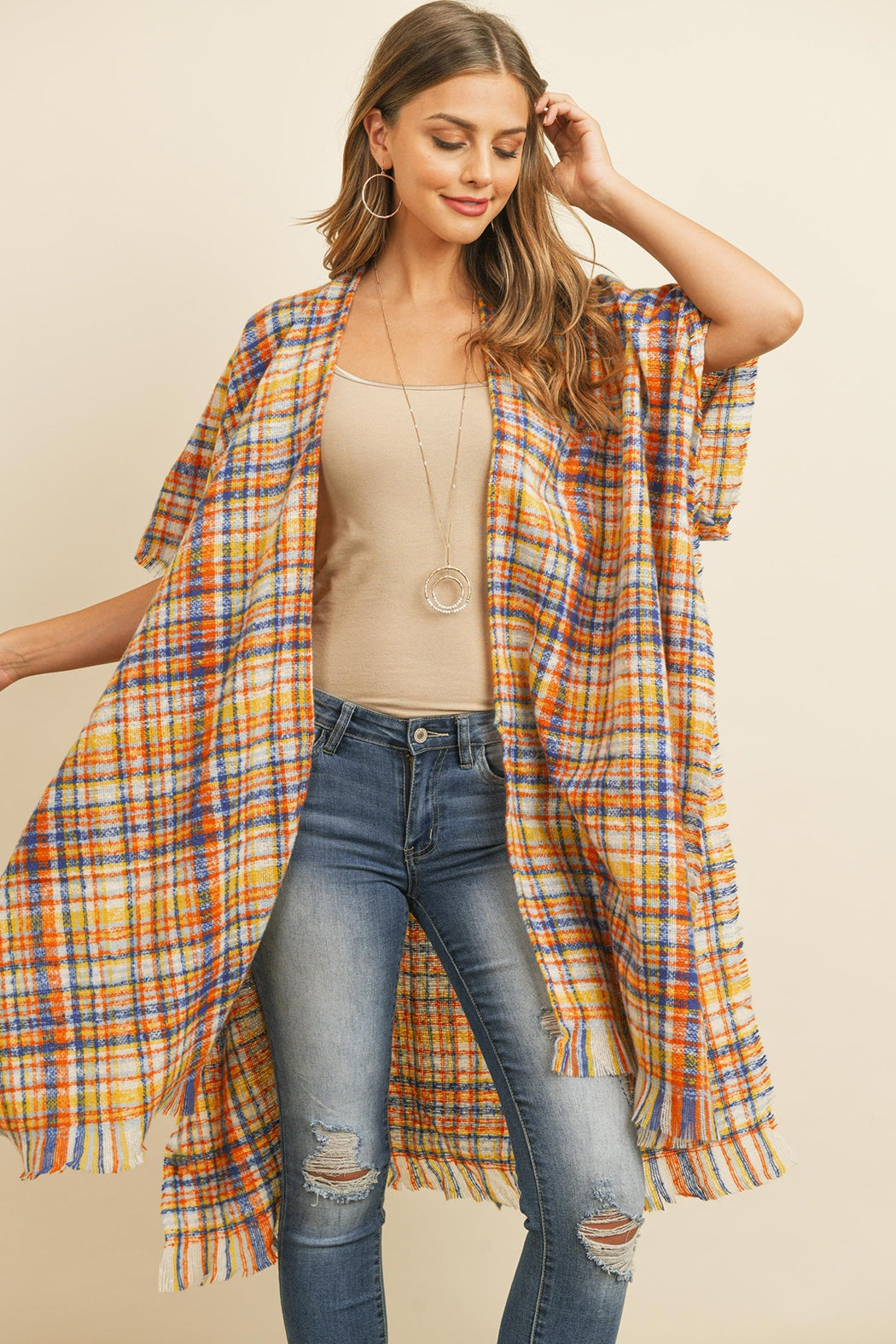 Knee Length Tartan Plaid Fringe Kimono