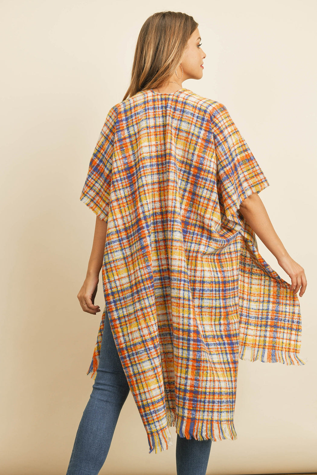 Knee Length Tartan Plaid Fringe Kimono