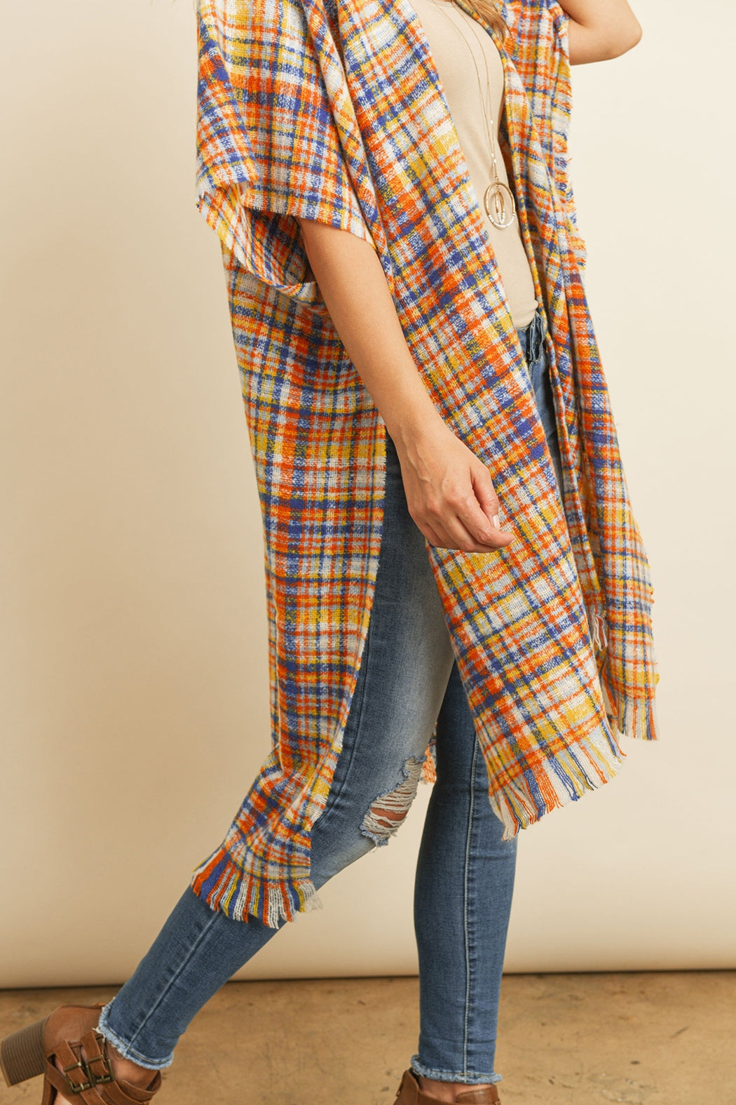 Knee Length Tartan Plaid Fringe Kimono