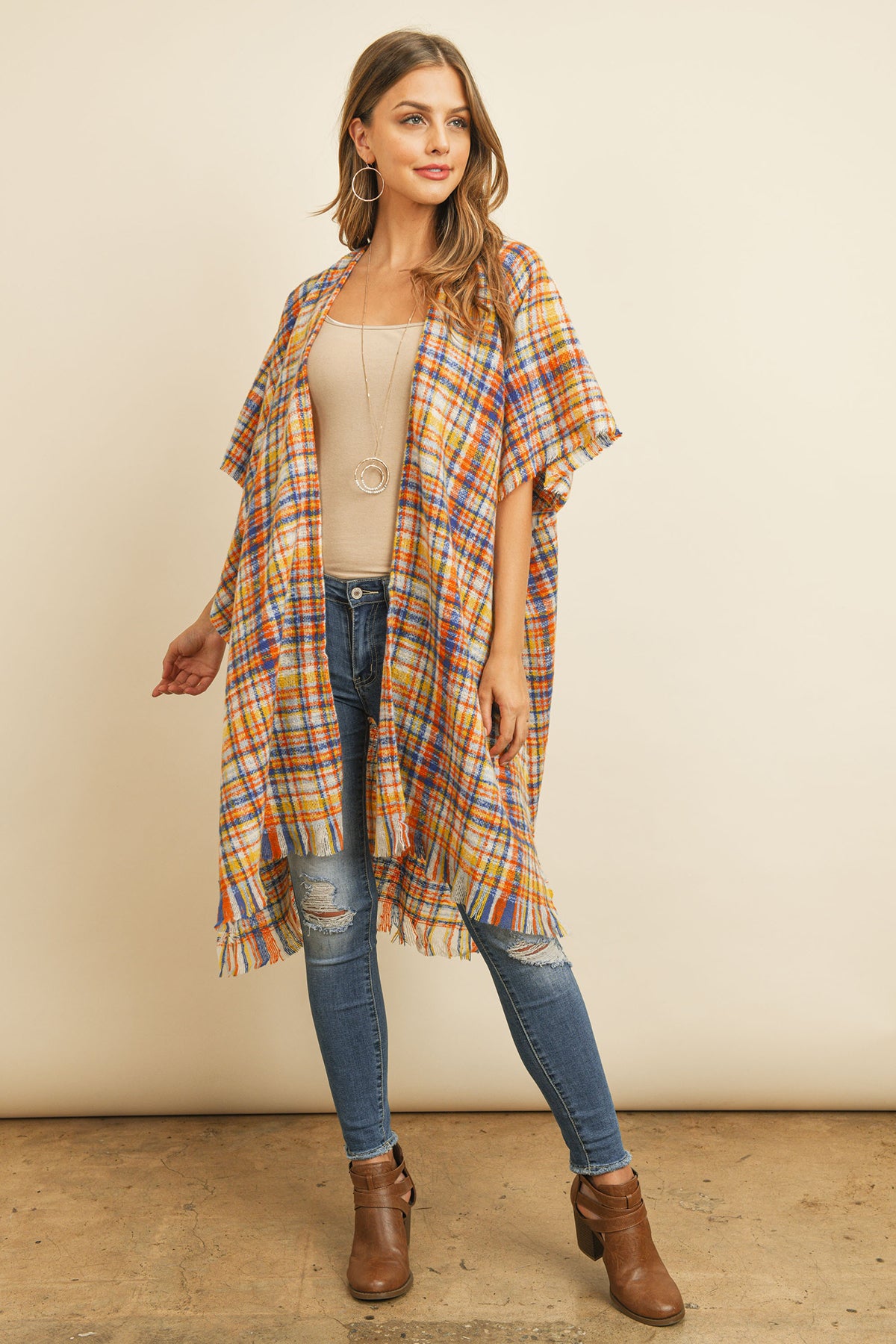 Knee Length Tartan Plaid Fringe Kimono