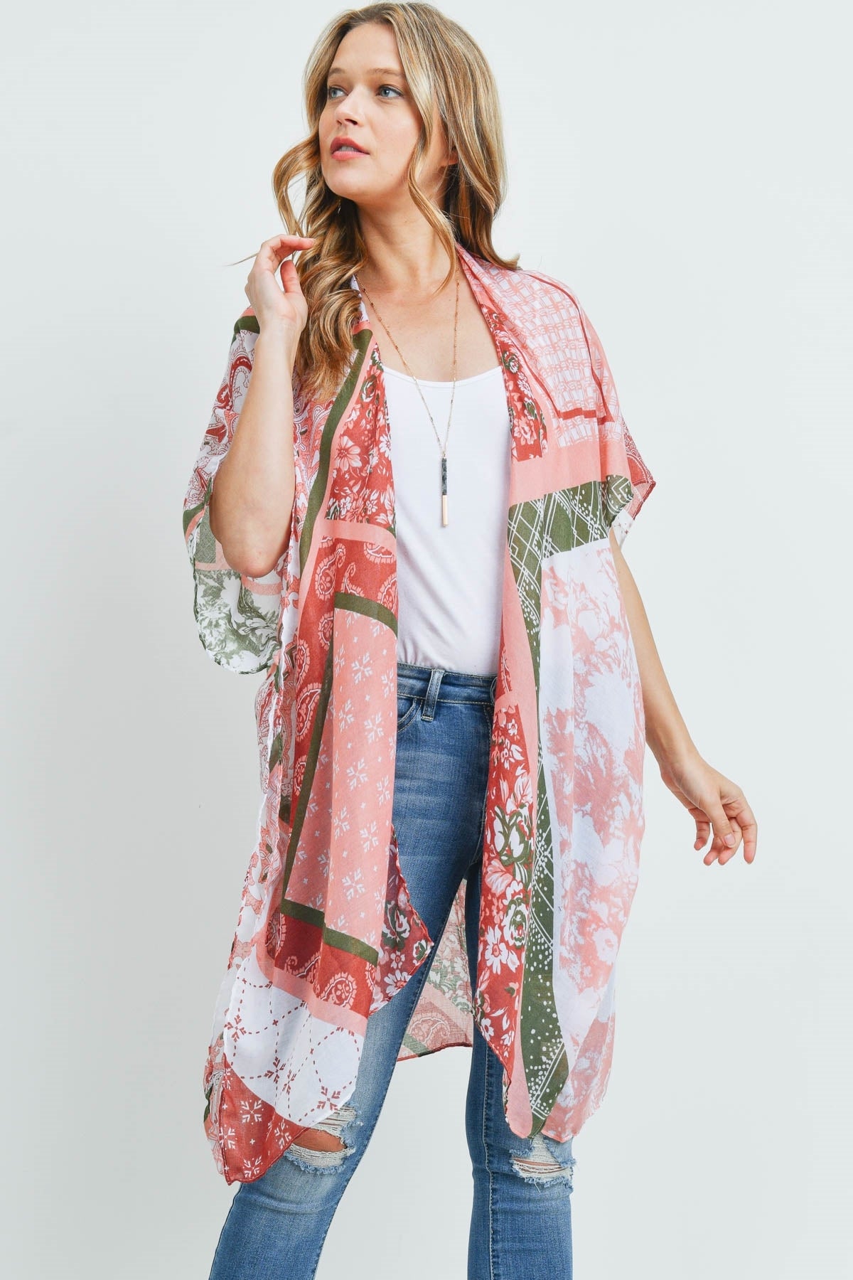 Paisley Multi Print Patch Kimono Clay