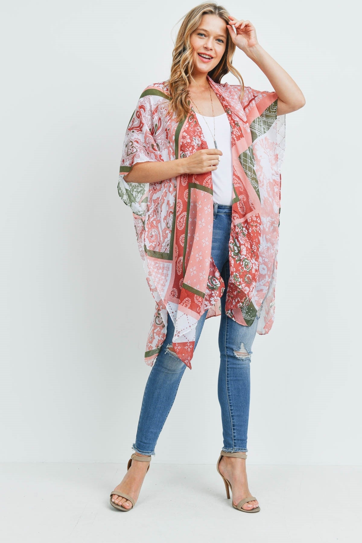 Paisley Multi Print Patch Kimono Clay
