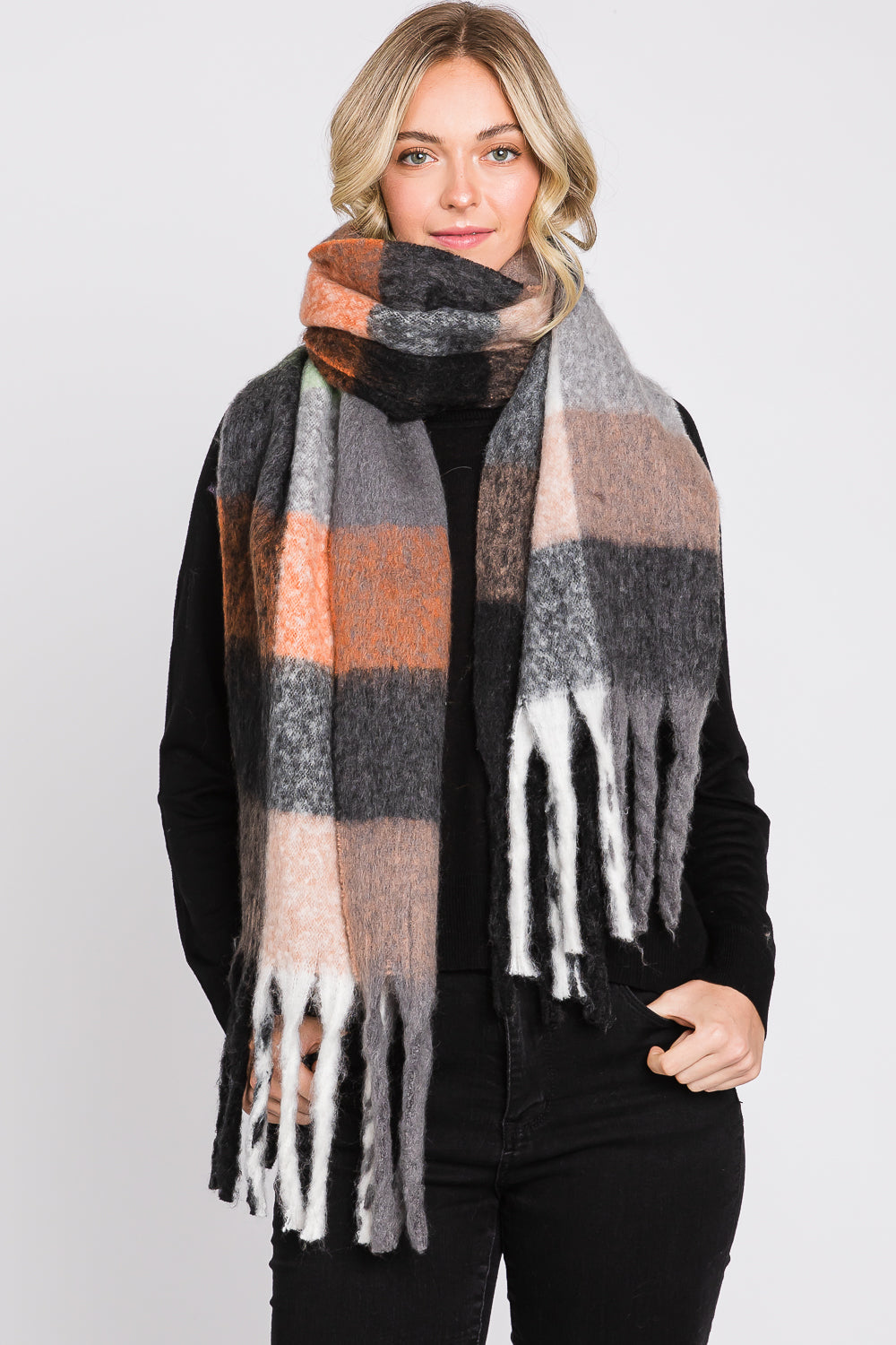 Brushed Multi Color Plaid Scarf With Fringe