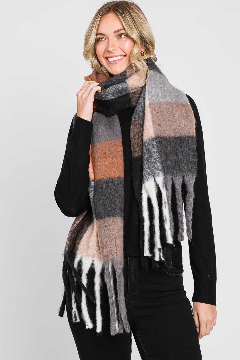 Brushed Multi Color Plaid Scarf With Fringe