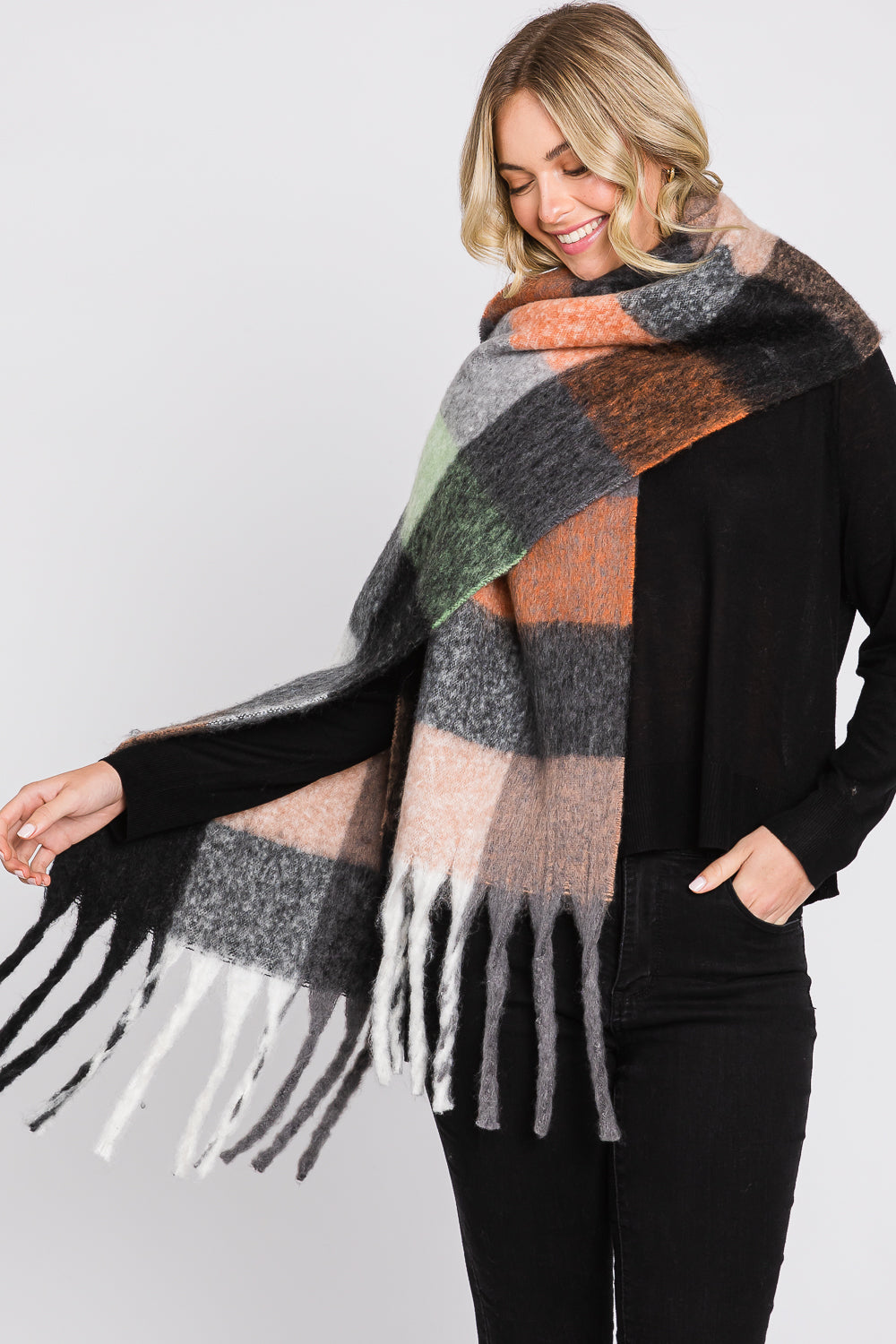 Brushed Multi Color Plaid Scarf With Fringe