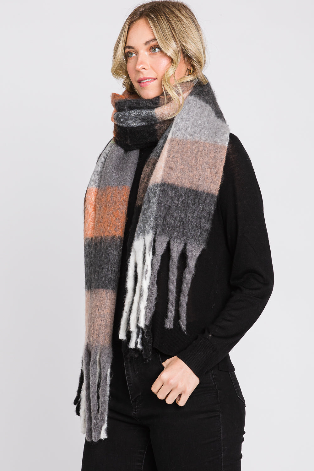 Brushed Multi Color Plaid Scarf With Fringe