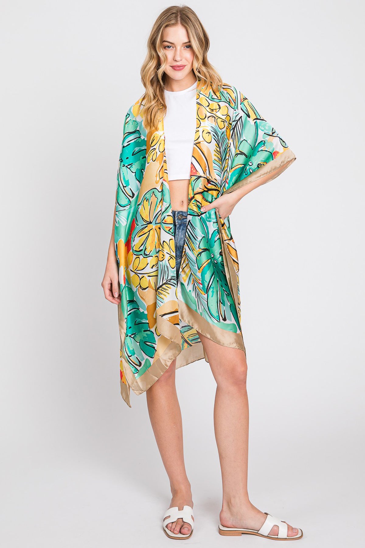 Hand Drawn Watercolor Tropical Leaves Kimono