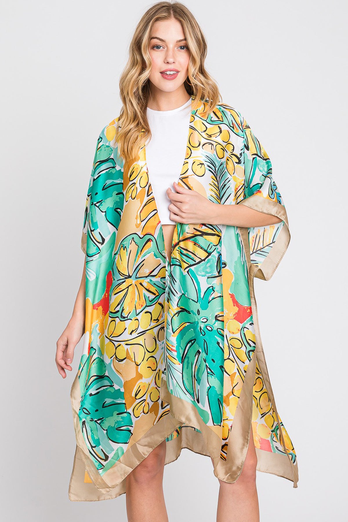 Hand Drawn Watercolor Tropical Leaves Kimono