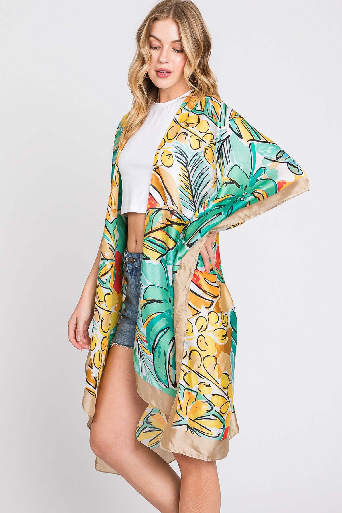 Hand Drawn Watercolor Tropical Leaves Kimono