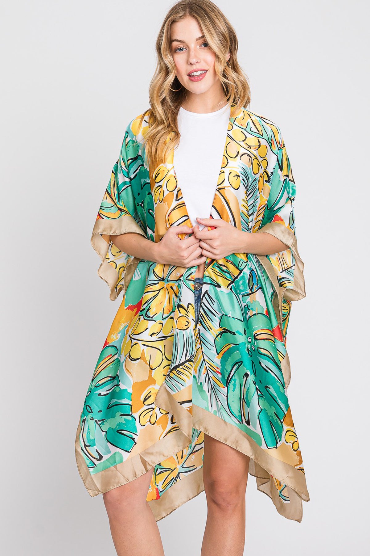 Hand Drawn Watercolor Tropical Leaves Kimono