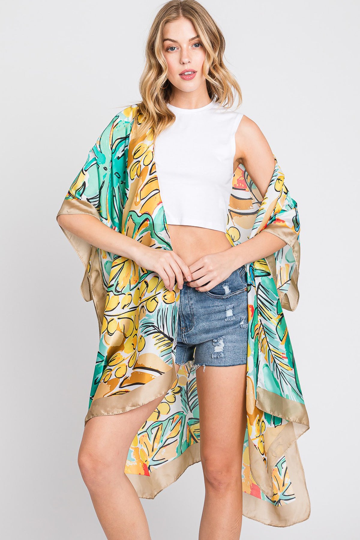 Hand Drawn Watercolor Tropical Leaves Kimono