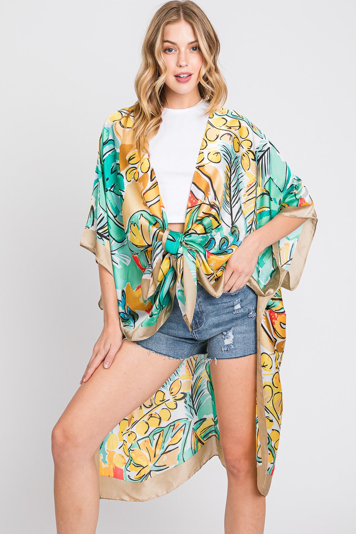 Hand Drawn Watercolor Tropical Leaves Kimono