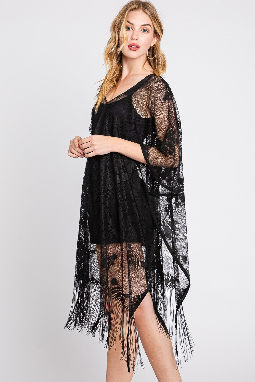 Floral Lace Poncho With Tassel