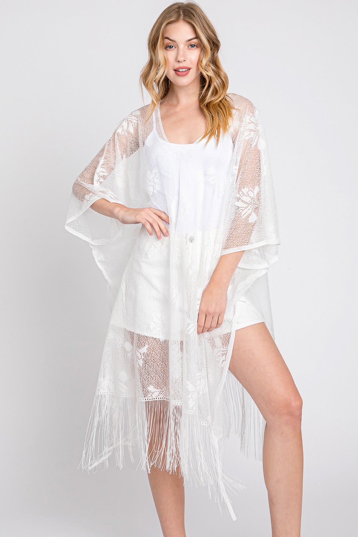 Floral Lace Poncho With Tassel