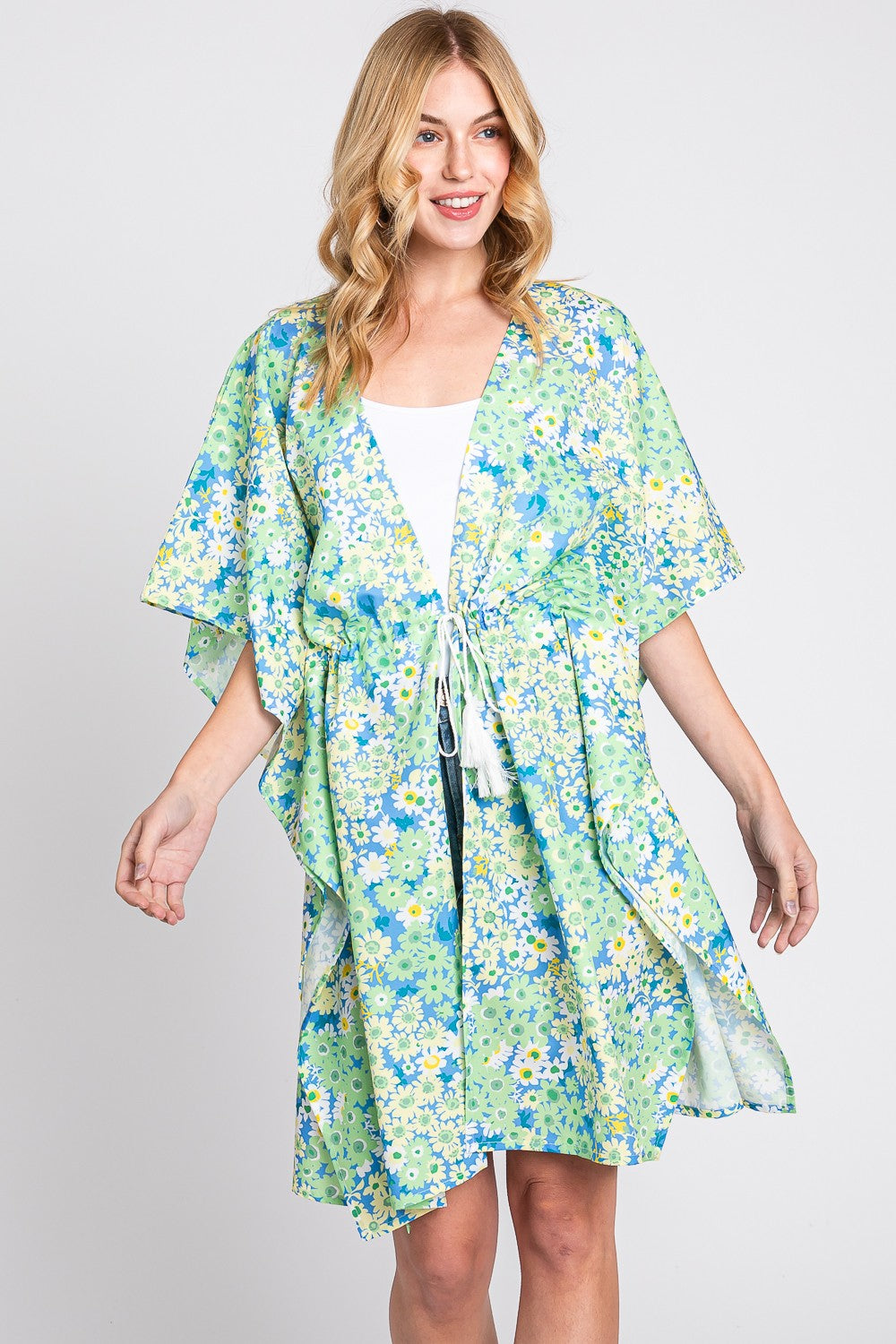 Flower Print Self-Tie Drawstring Open Front Cover- Up