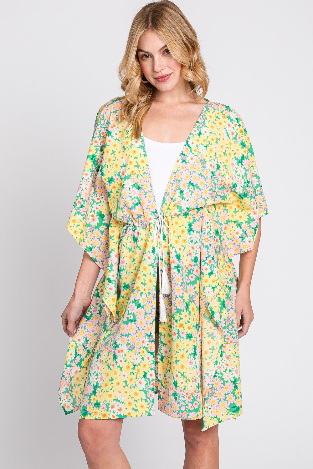 Flower Print Self-Tie Drawstring Open Front Cover- Up