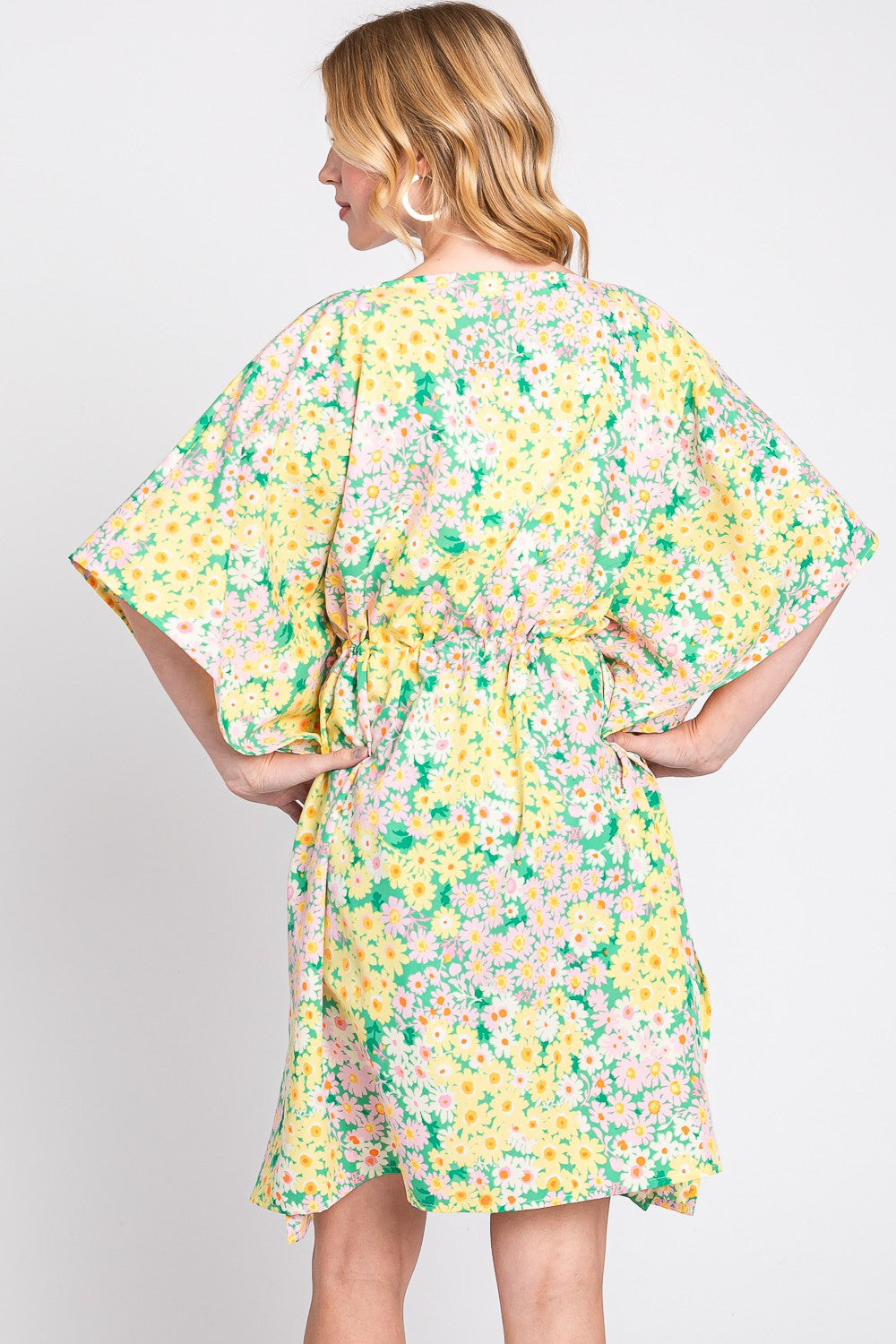 Flower Print Self-Tie Drawstring Open Front Cover- Up