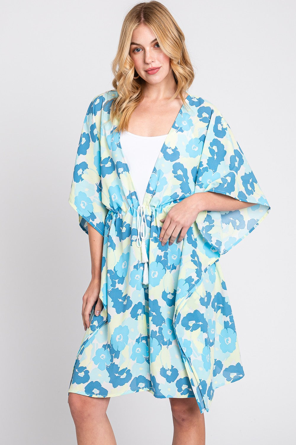 Flower Print Self-Tie Drawstring Open Front Cover-Up