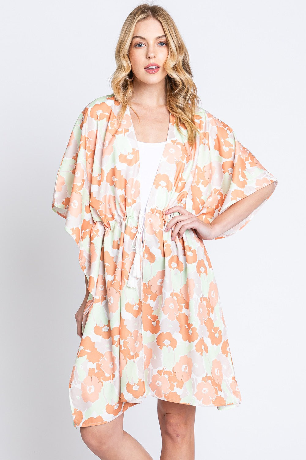 Flower Print Self-Tie Drawstring Open Front Cover-Up
