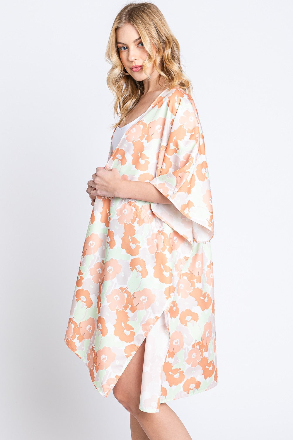 Flower Print Self-Tie Drawstring Open Front Cover-Up