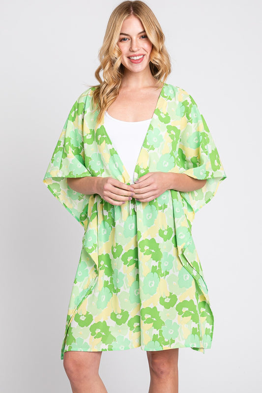 Flower Print Self-Tie Drawstring Open Front Cover-Up