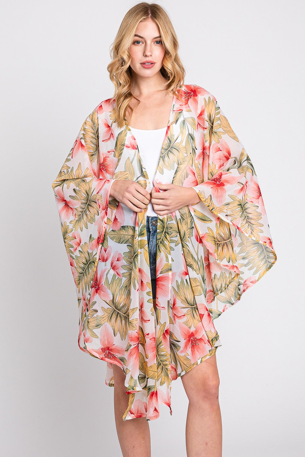 Tropical Leaves Print Shawl Cover-Up