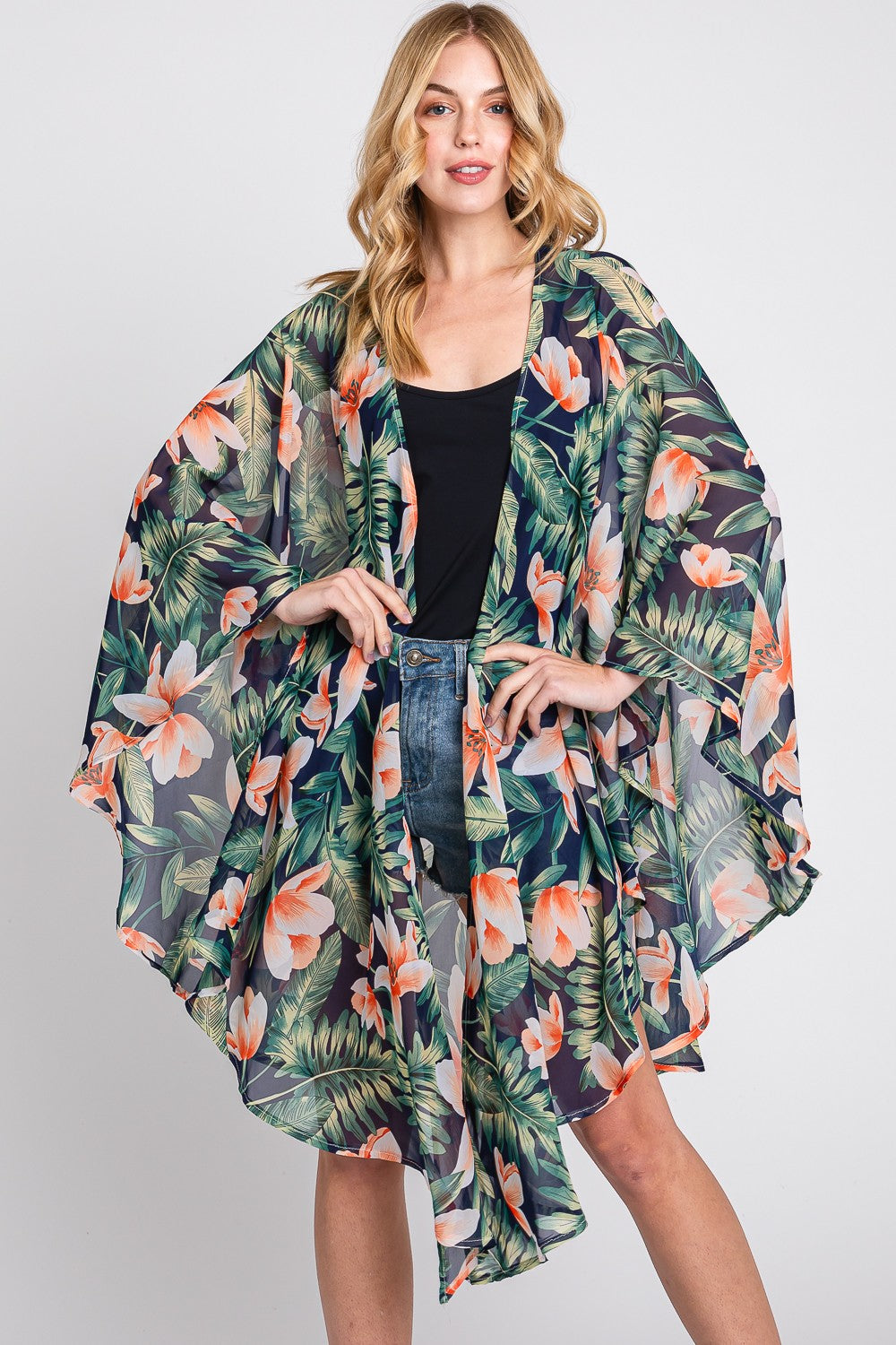 Tropical Leaves Print Shawl Cover-Up