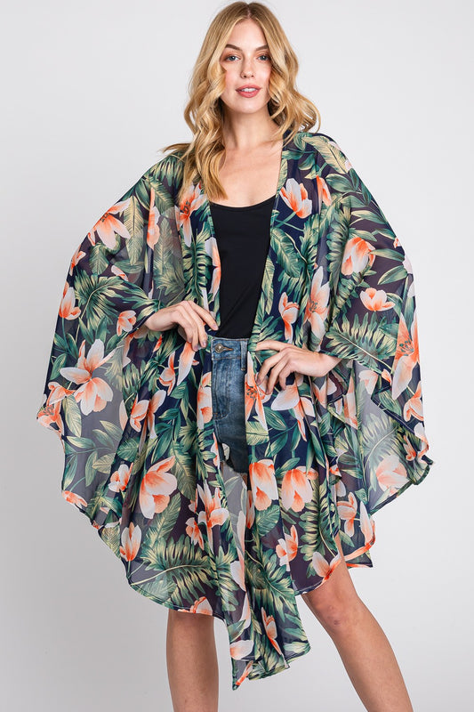 Tropical Leaves Print Shawl Cover-Up