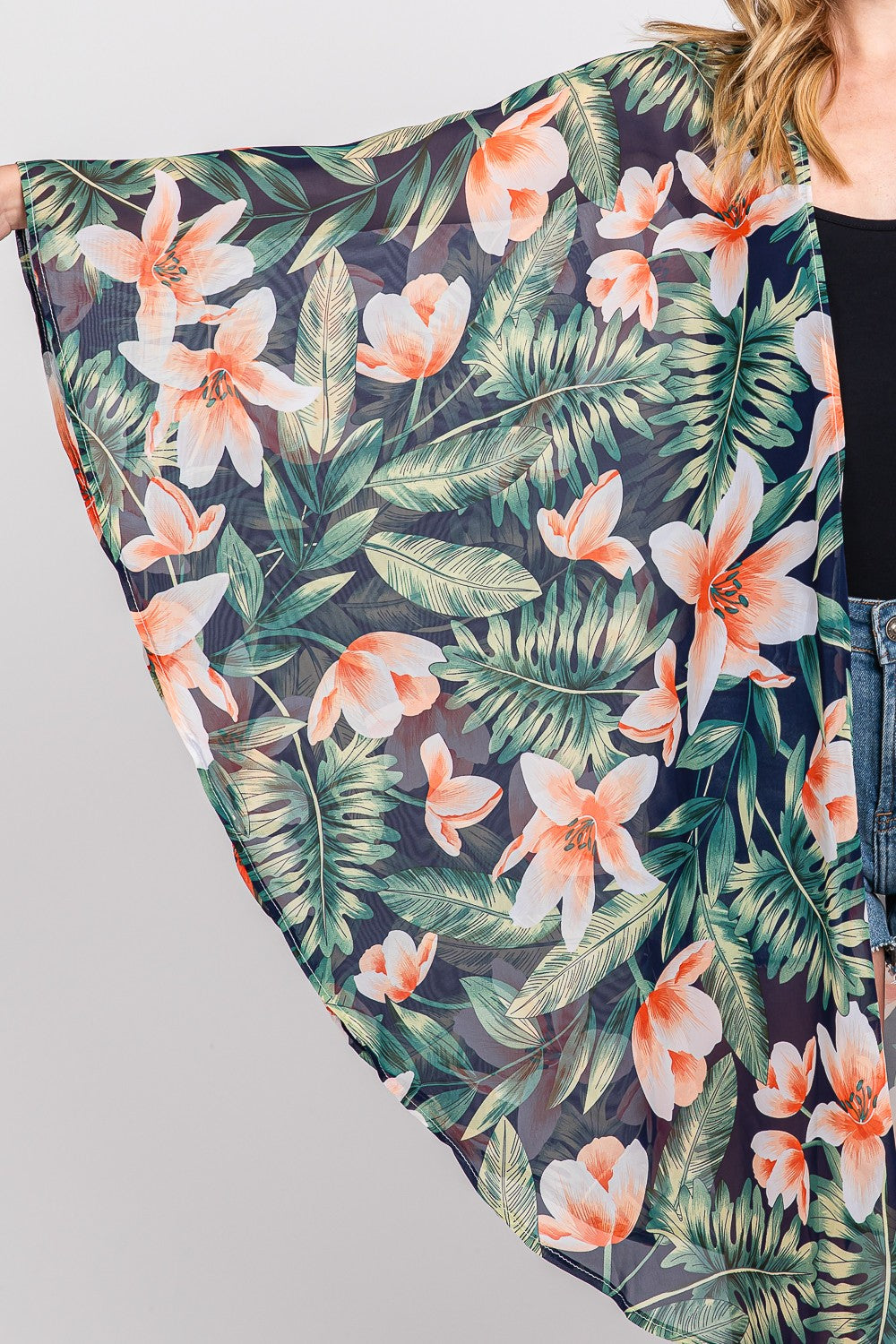 Tropical Leaves Print Shawl Cover-Up