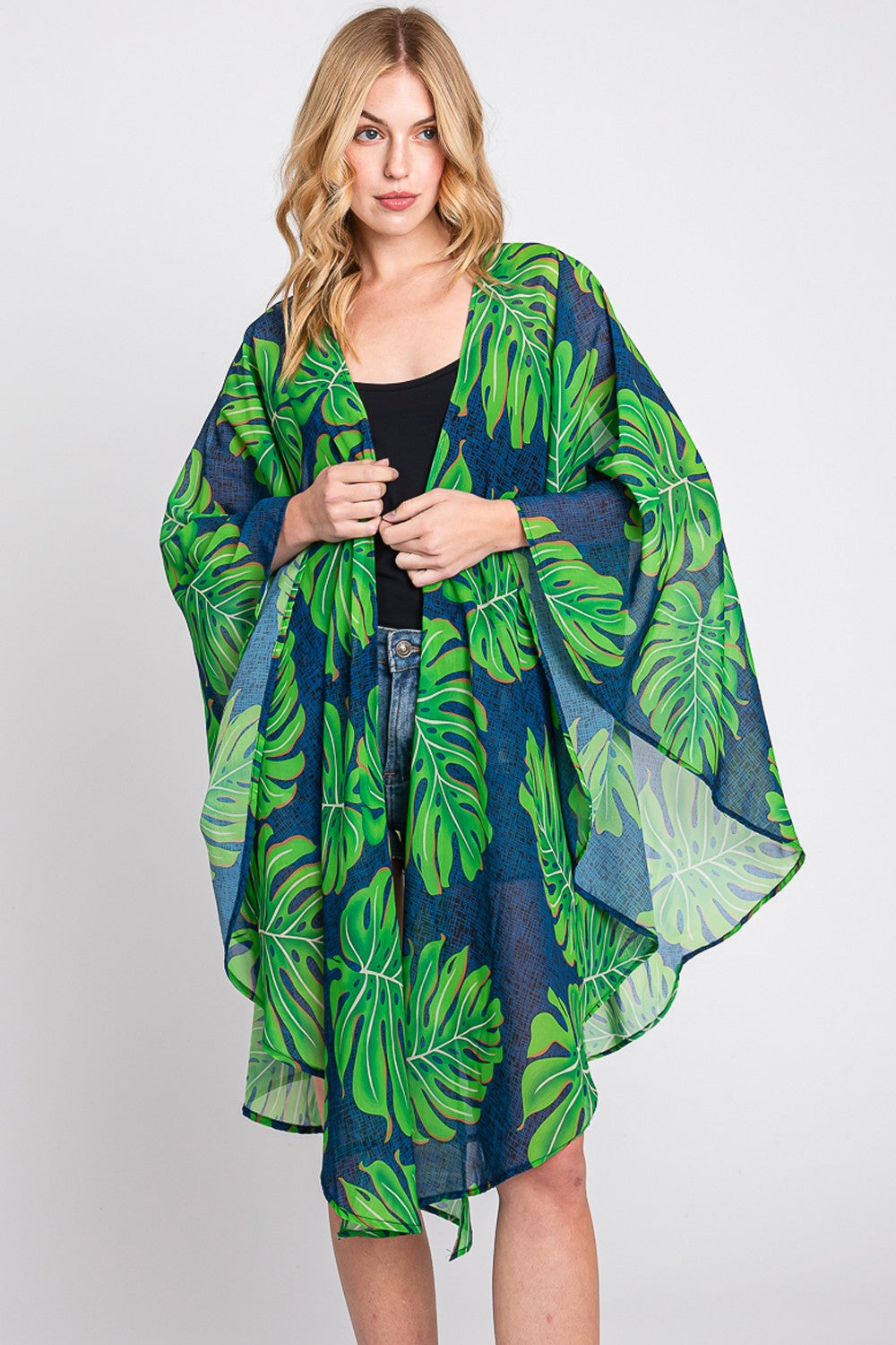 Tropical Leaves Print Shawl Cover-Up