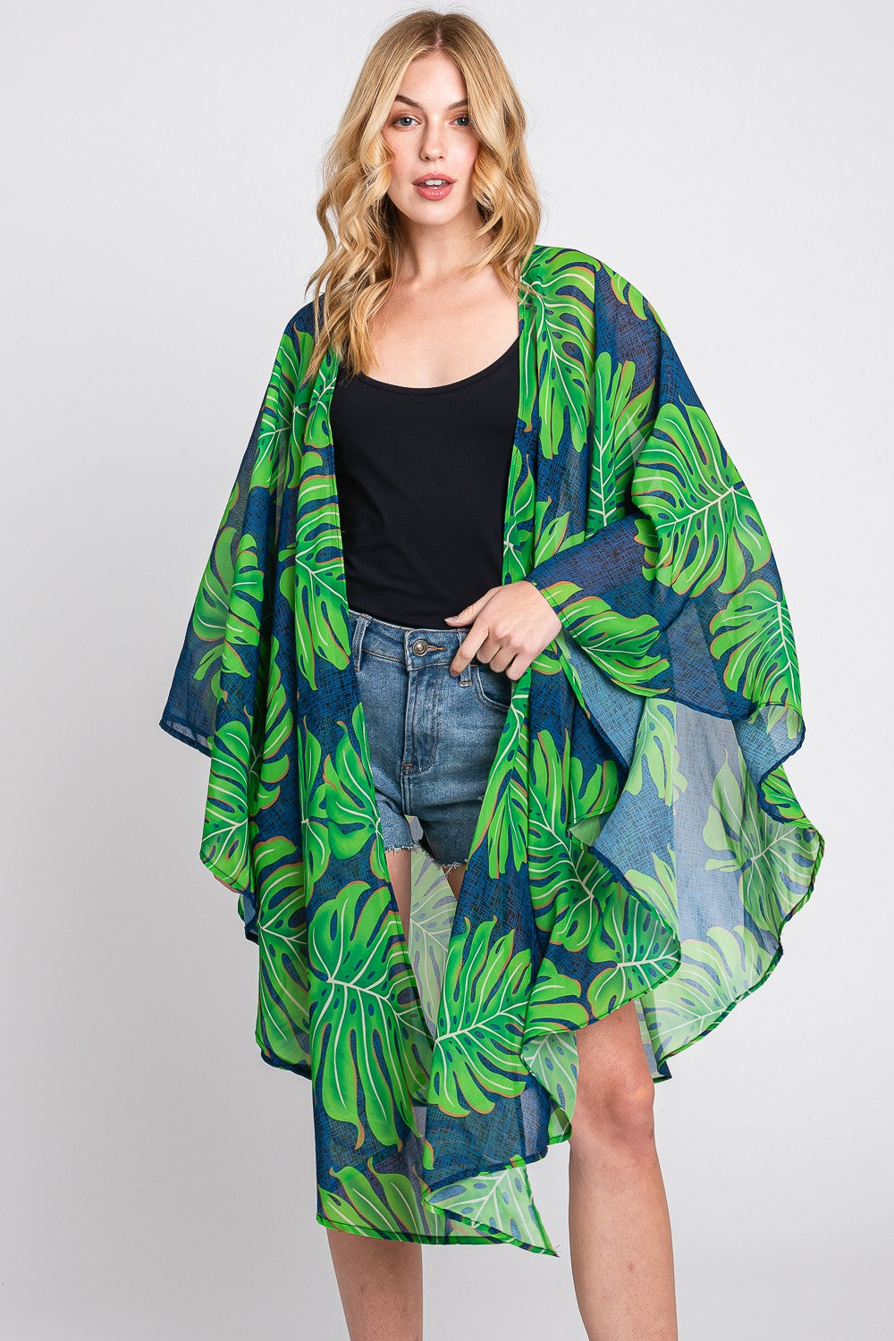 Tropical Leaves Print Shawl Cover-Up