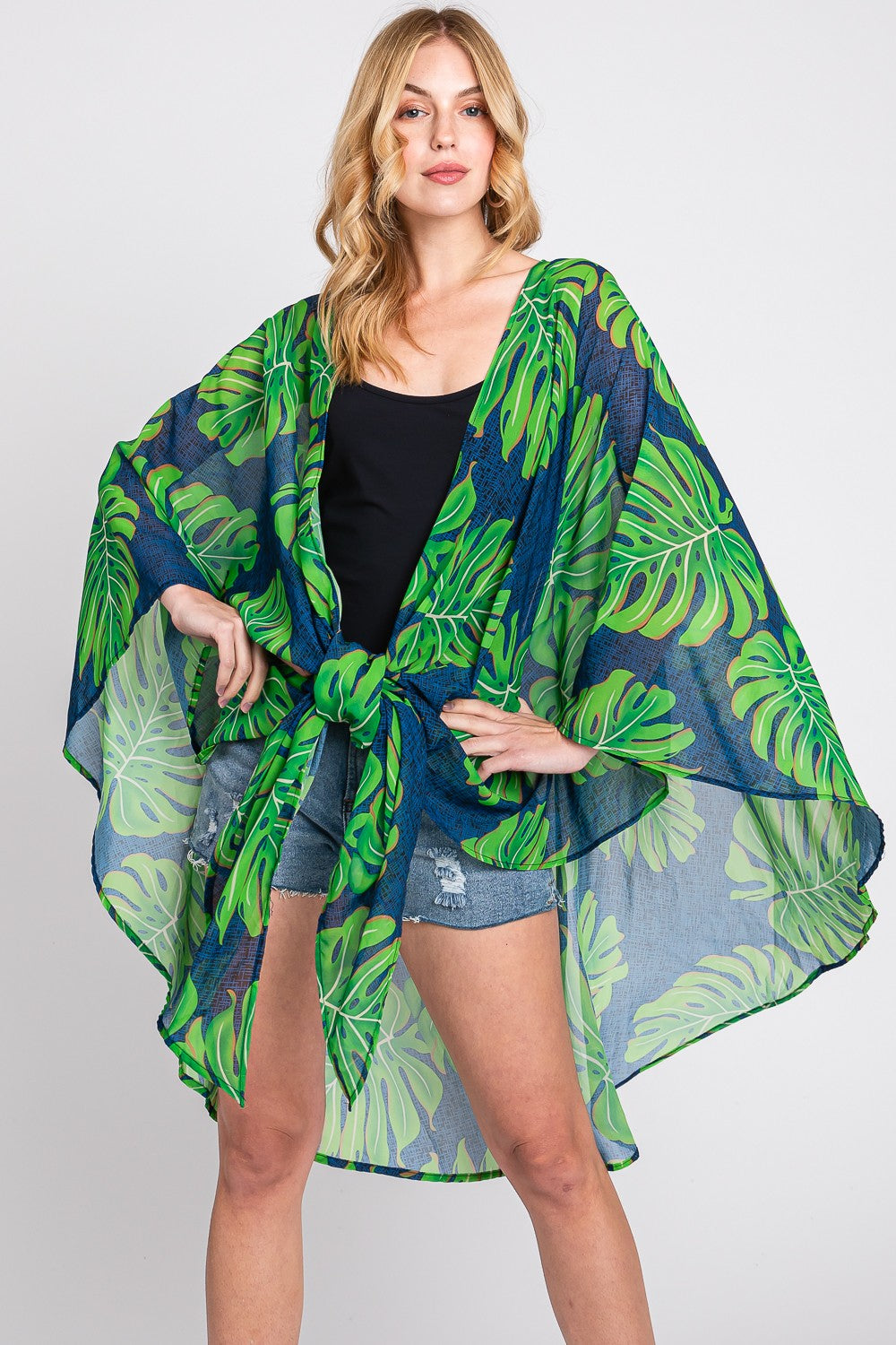 Tropical Leaves Print Shawl Cover-Up