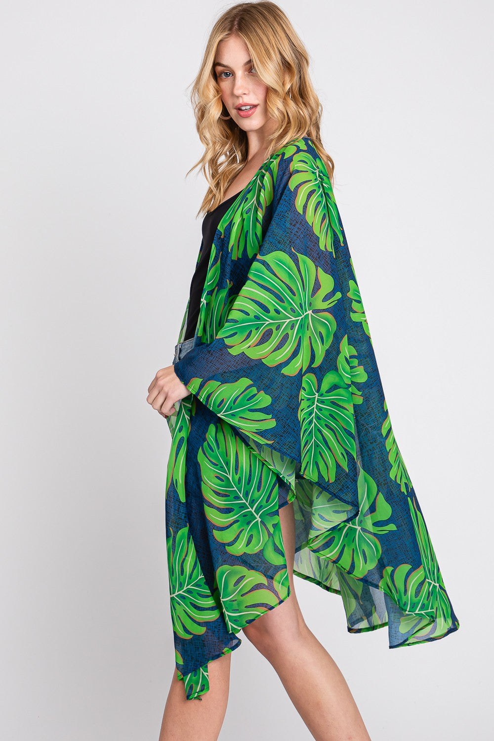 Tropical Leaves Print Shawl Cover-Up