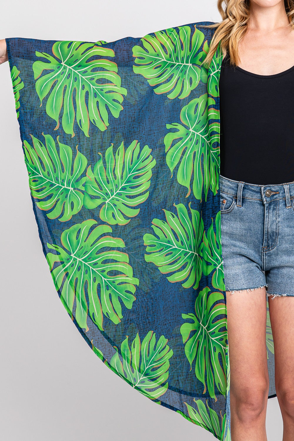 Tropical Leaves Print Shawl Cover-Up