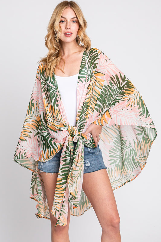 Tropical Leaves Print Shawl Cover-Up